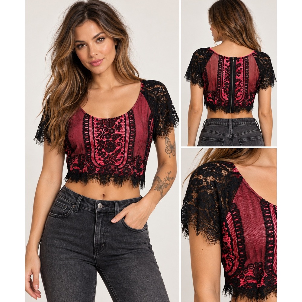 Vtg Valentine Crop Top Sz S Pink Black Lace Overlay Back Zip Whimsigoth Fringe